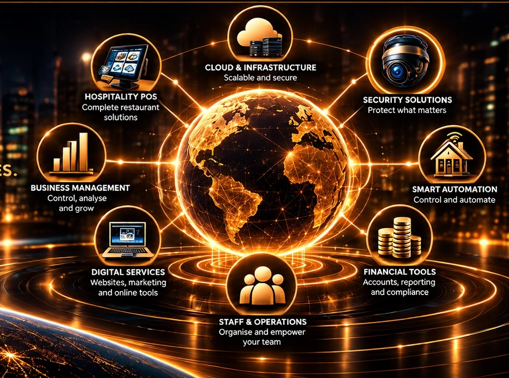 Glowing connected globe with eight service icons: hospitality POS, cloud infrastructure, security, business management, smart automation, digital services, financial tools and staff operations.